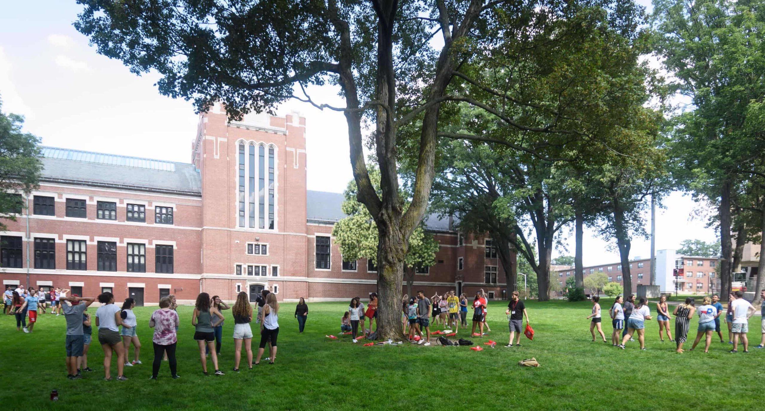 students gather on the green